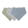 A pack of three soft cotton baby bibs in shades of green, gray, and blue.