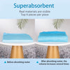 Close-up comparison showing a blue absorbent material before and after absorbing water, demonstrating its superabsorbent prop