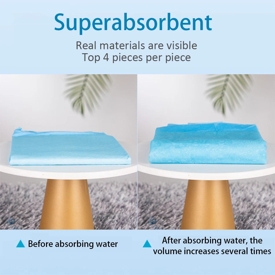 Close-up comparison showing a blue absorbent material before and after absorbing water, demonstrating its superabsorbent prop