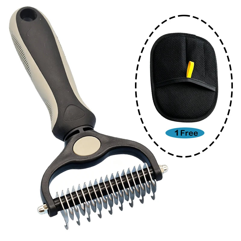 A black pet grooming brush with a handle and a flexible metal comb, shown next to a black cleaning pad.