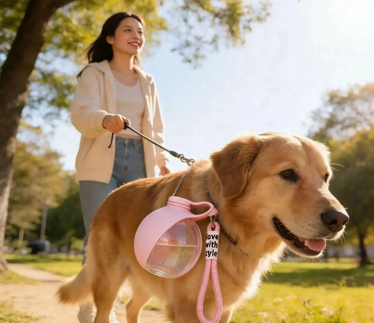 A golden retriever dog is looking toward the camera while wearing a pink portable pet water bottle with a lanyard.