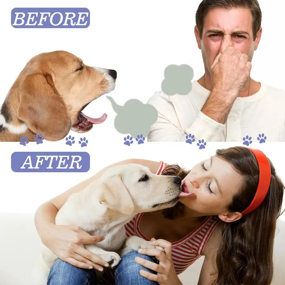 Before and after comparison showing a dog's mouth before and after using natural pet dental spray for oral care