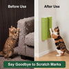 Before and after images showing a cat using a scratch post to remove scratch marks from furniture.