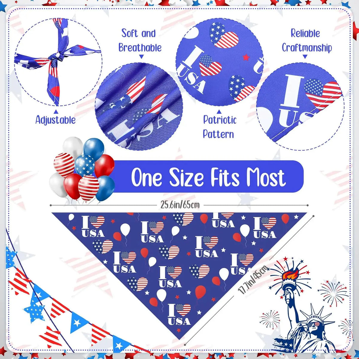 A set of patriotic dog and cat bandanas featuring the USA flag pattern.