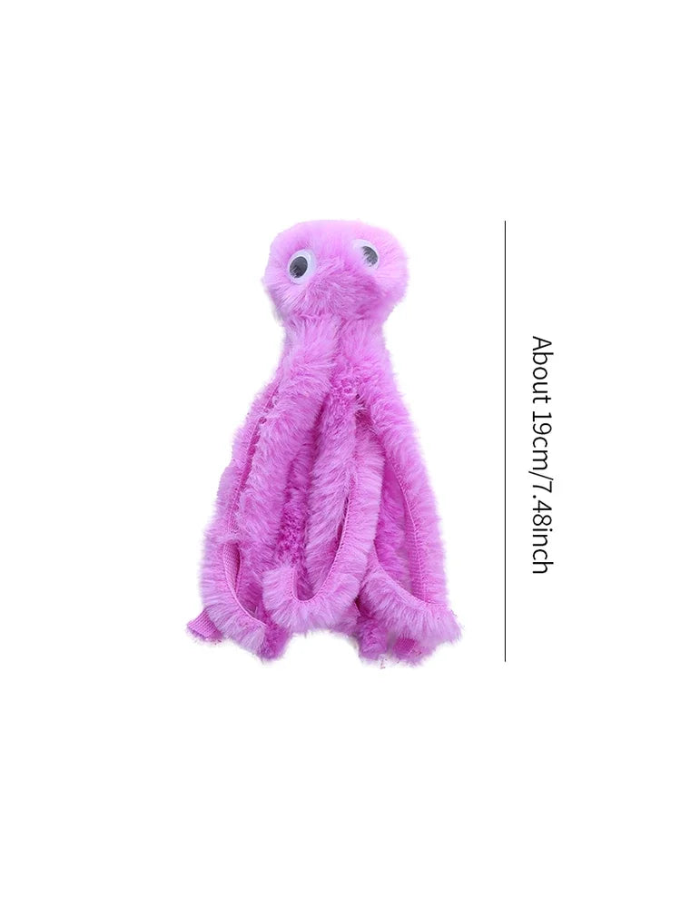 A fluffy pink catnip octopus plush toy with large eyes.