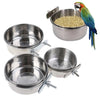 Stainless steel clamp-on pet feeding bowls for bird cages, including a large bowl and two smaller ones.
