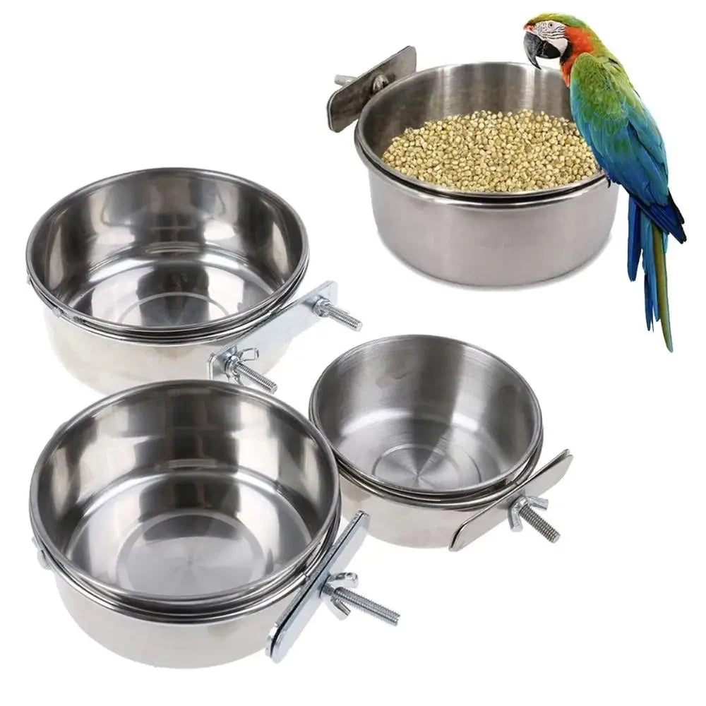 Stainless steel clamp-on pet feeding bowls for bird cages, including a large bowl and two smaller ones.