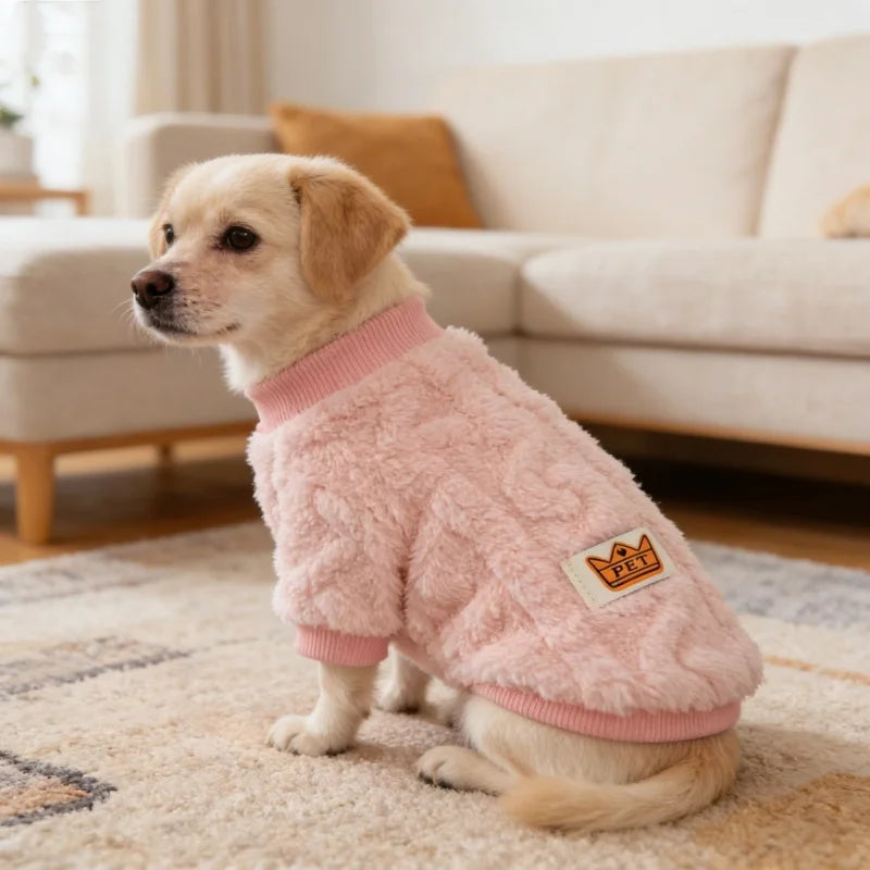 A light golden Labrador wearing a pink fleece pet sweater sitting on a beige rug indoors.