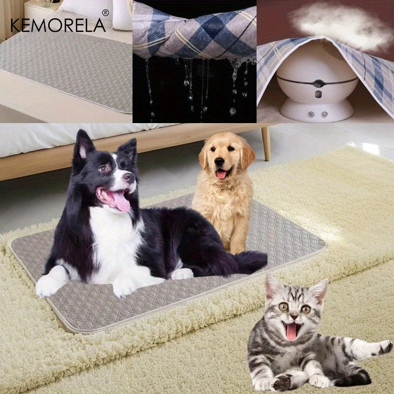 A reusable pet training pad is shown with a dog and a cat resting on it, alongside fabric and a white device.