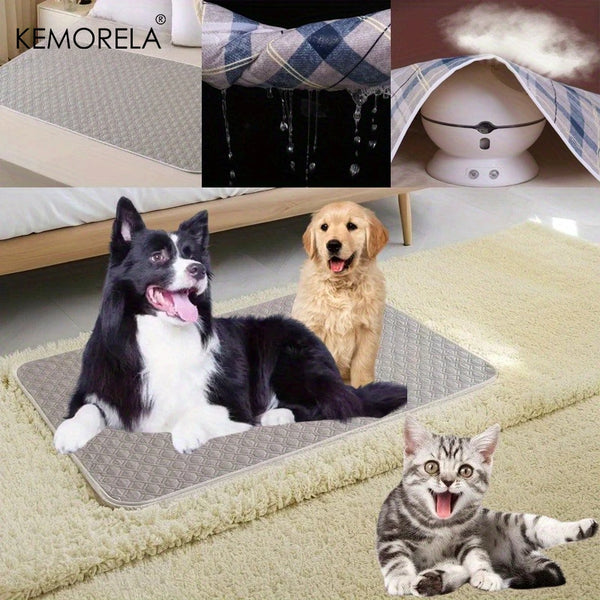 A reusable pet training pad is shown with a dog and a cat resting on it, alongside fabric and a white device.