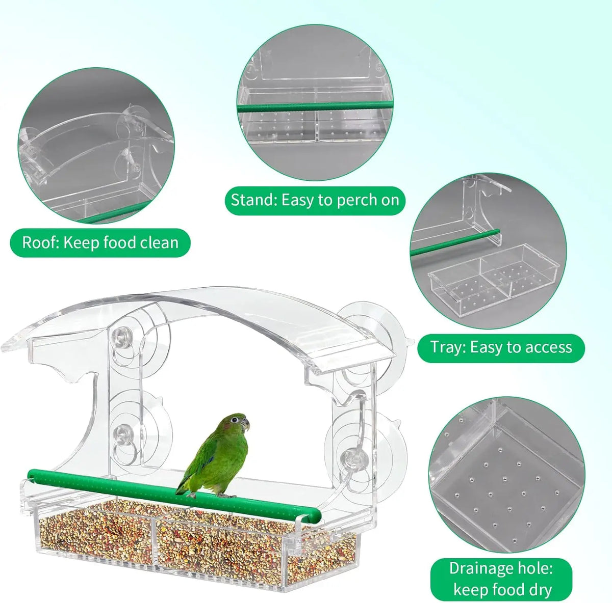 Mangeoire à oiseaux en verre avec ventouses et plateau pour un accès facile et un drainage.