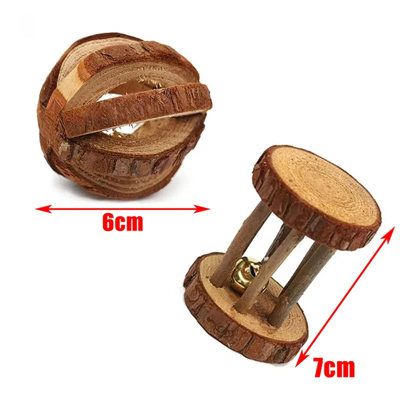 A natural wooden chew toy for small rodents, showing a round wooden ring and a separate wooden stick with a metal attachment.