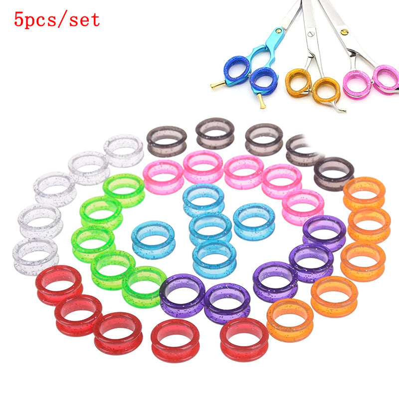 A set of 5 colored silica gel hair scissors for styling and shaping hair.