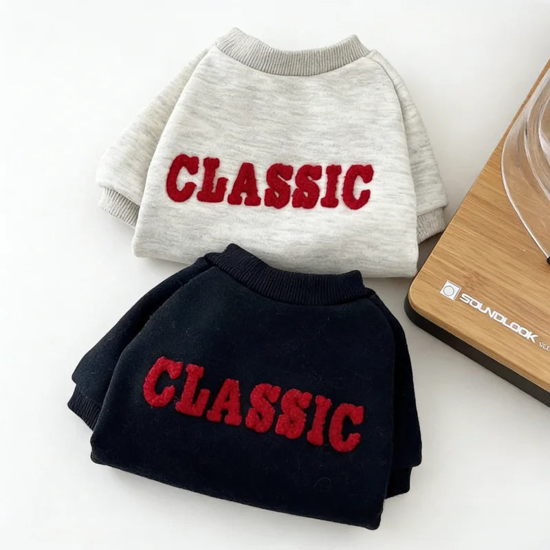 A gray and navy letter print hoodie featuring the word CLASSIC on the chest.