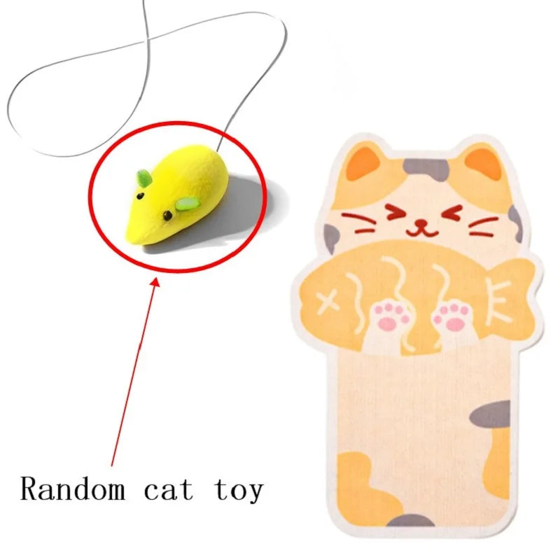A yellow cat toy is shown being attached to a wall-mounted cat scratcher.
