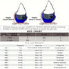 A pair of pet carrier slings shown with dimensions and a size chart for purchasing.