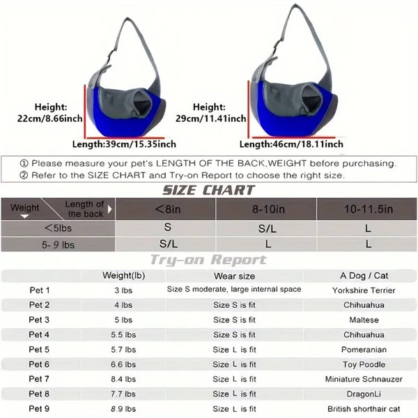 A pair of pet carrier slings shown with dimensions and a size chart for purchasing.