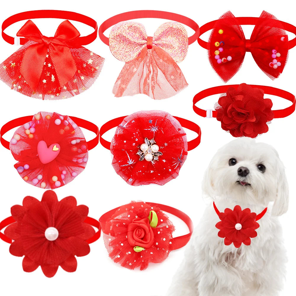 Red lace bow tie collar accessories for small dogs featuring various decorative bows and flowers