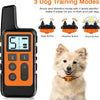 An orange electric dog training collar with buttons for beep, vibration, and shock modes, shown next to a fluffy dog.