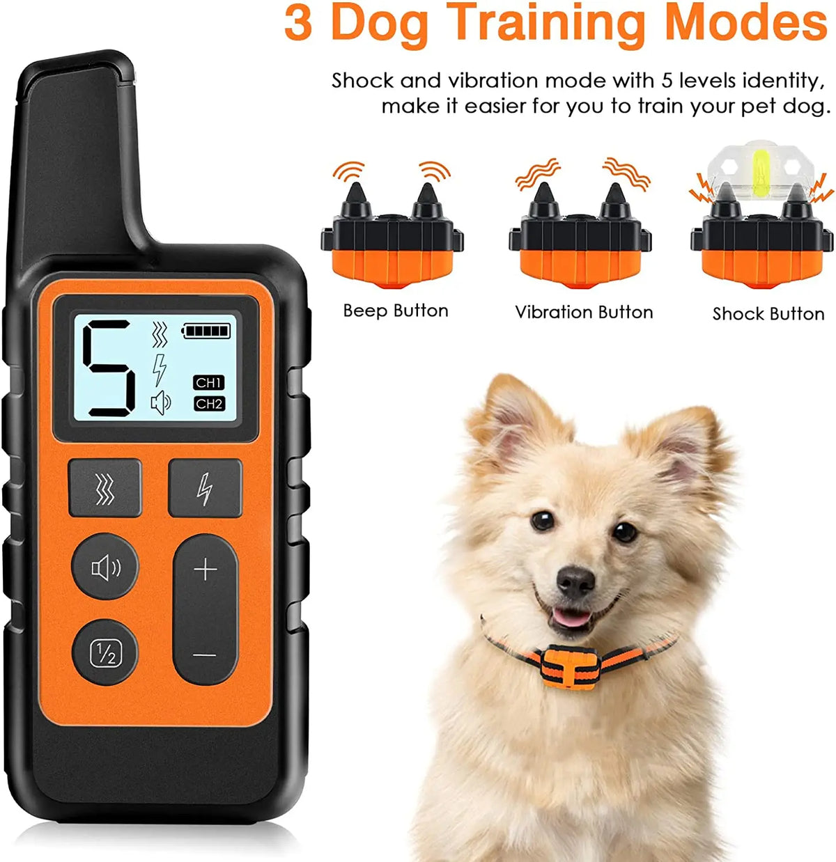 An orange electric dog training collar with buttons for beep, vibration, and shock modes, shown next to a fluffy dog.
