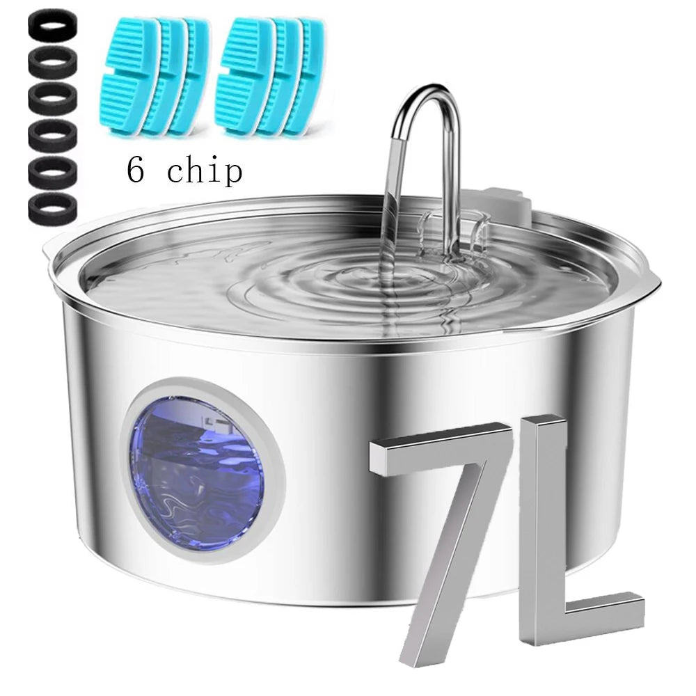 Stainless steel pet water fountain with six replacement chips and a pump visible.