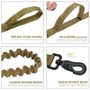 Heavy-duty tactical dog leash with double nylon handles and elastic buffer design shown in various angles.