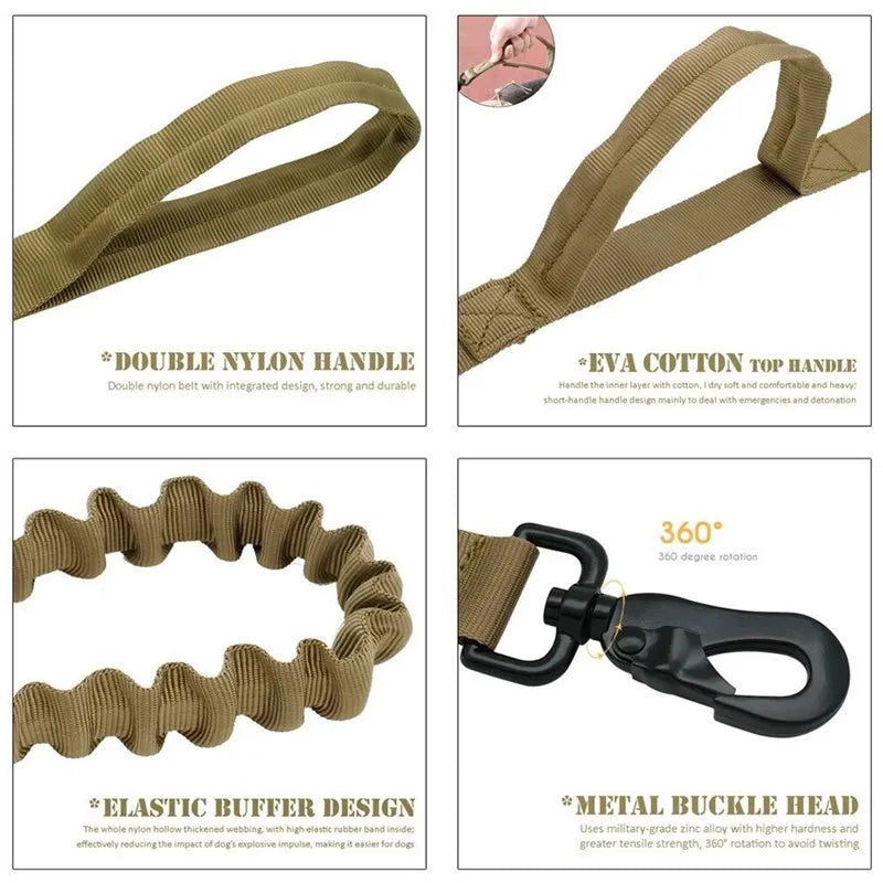 Heavy-duty tactical dog leash with double nylon handles and elastic buffer design shown in various angles.