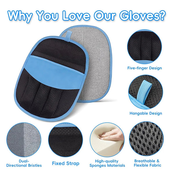 A collection of reusable pet hair removal gloves showing various designs and features like five-finger, hangable, and dual-di