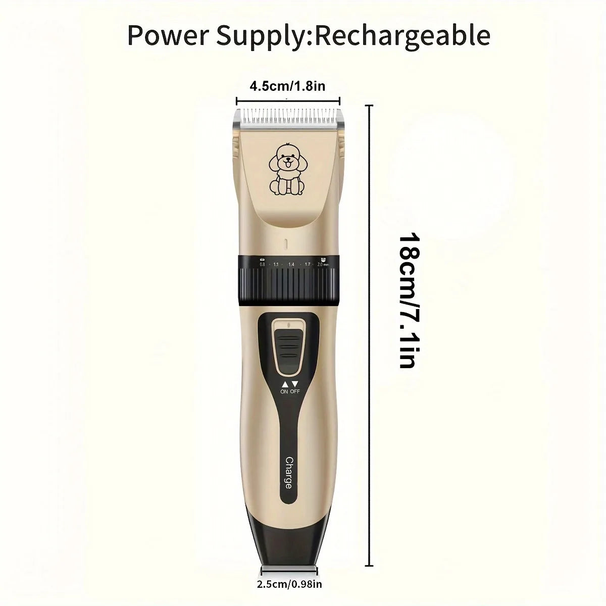 A beige cordless pet grooming trimmer with a battery and charging port shown in a vertical view.