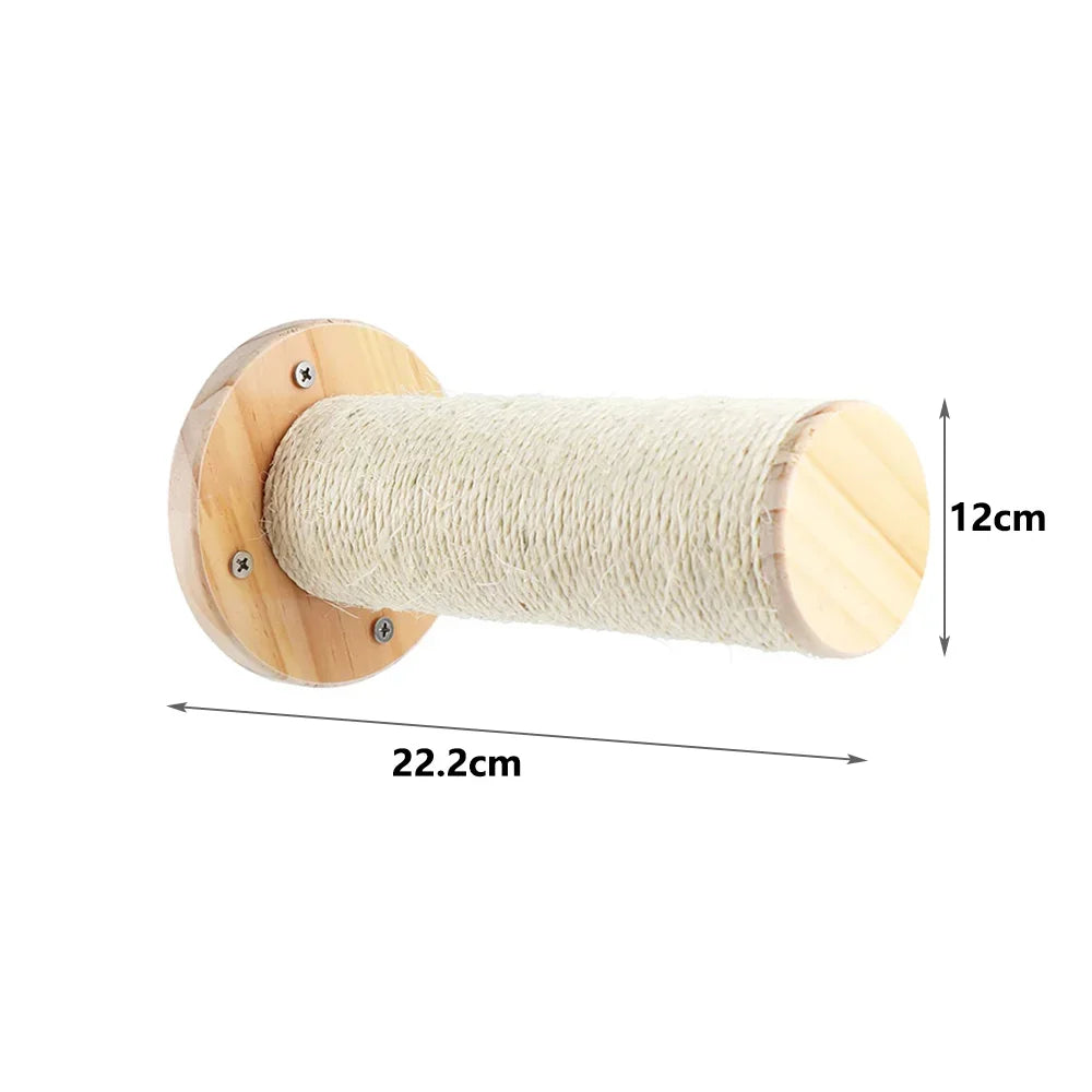 Posta de arañazos cilíndrica de madera con cubierta de cuerda de fibra natural, diseñada para gatos.