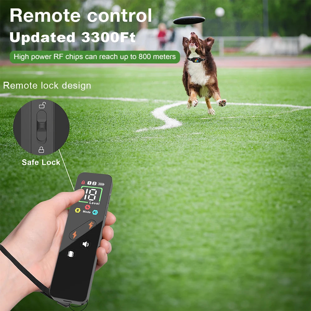 A hand holds a remote control for a dog training collar, demonstrating its features and range.