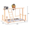 A wooden multi-level bird activity center featuring a perch and hammock for birds.