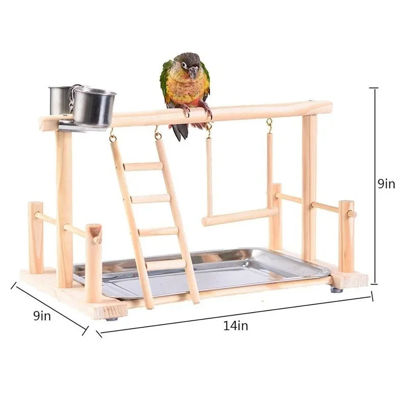 A wooden multi-level bird activity center featuring a perch and hammock for birds.