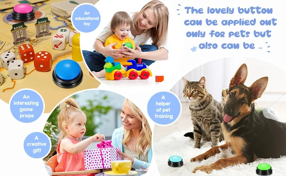 A recordable talking button used for pet training, shown with various toys and pets.