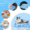 A pet cooling mat featuring a blue snowflake pattern is shown in use for both dogs and cats.
