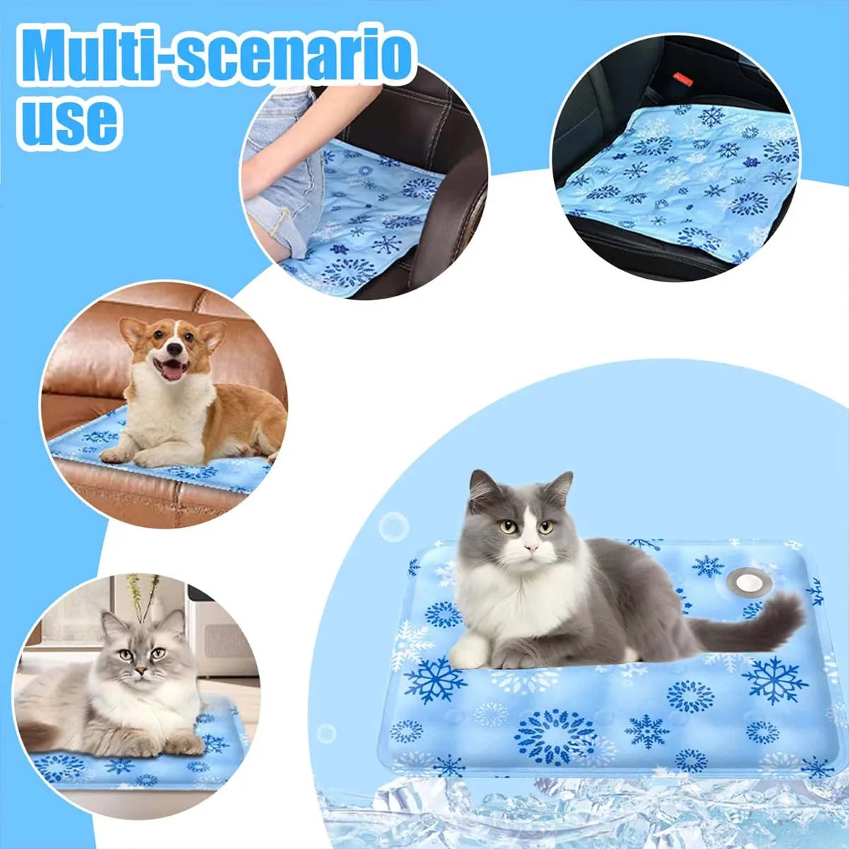 A pet cooling mat featuring a blue snowflake pattern is shown in use for both dogs and cats.