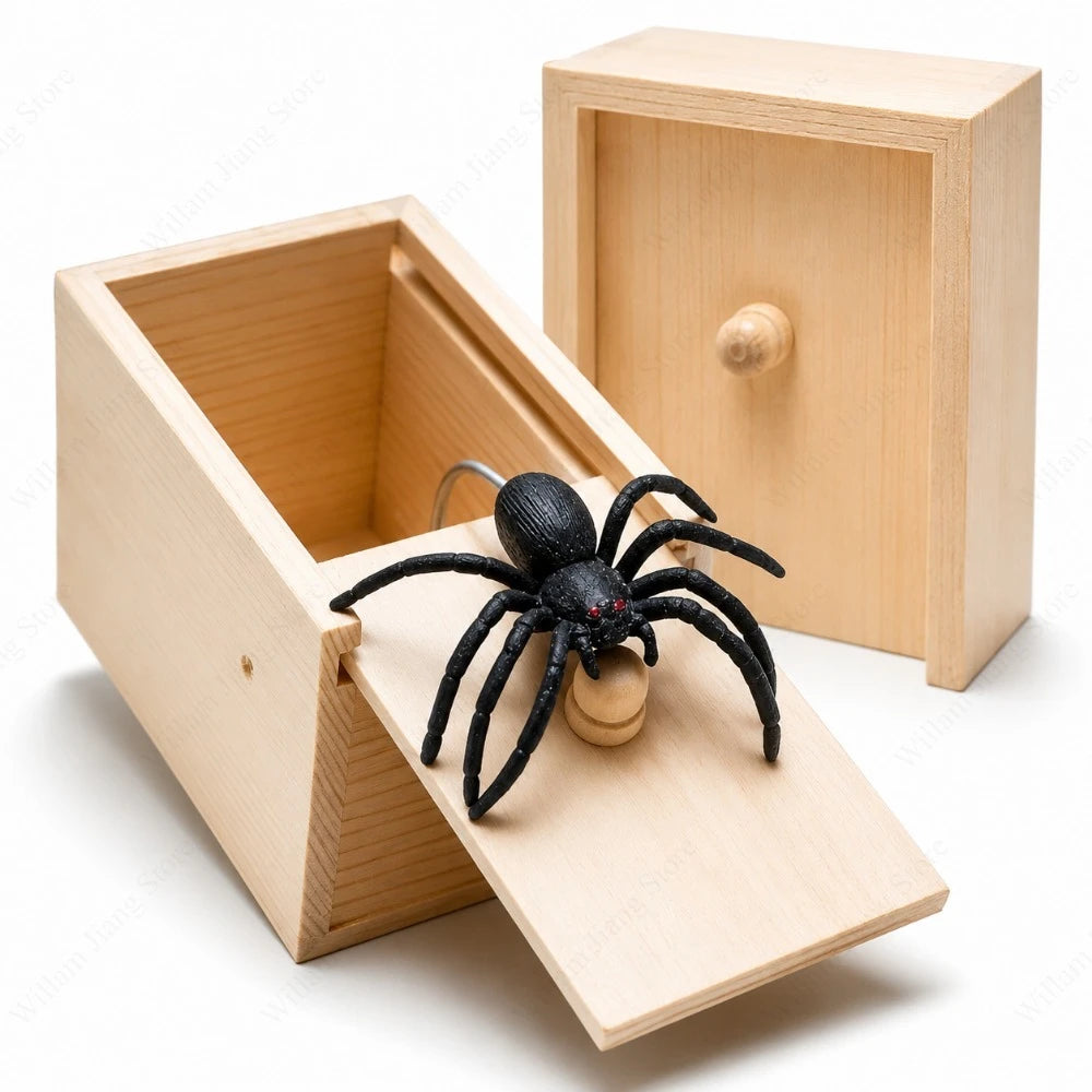 A wooden box with a slot holds a black spider, demonstrating a surprise prank item.