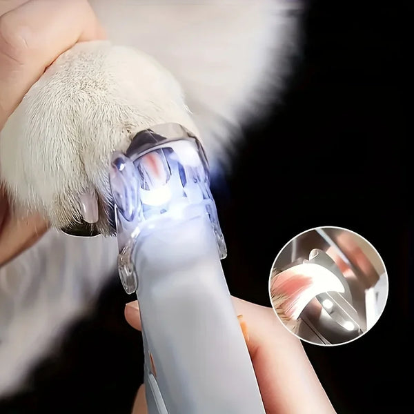 A hand is holding an LED pet nail clipper with a light, demonstrating its use for grooming.