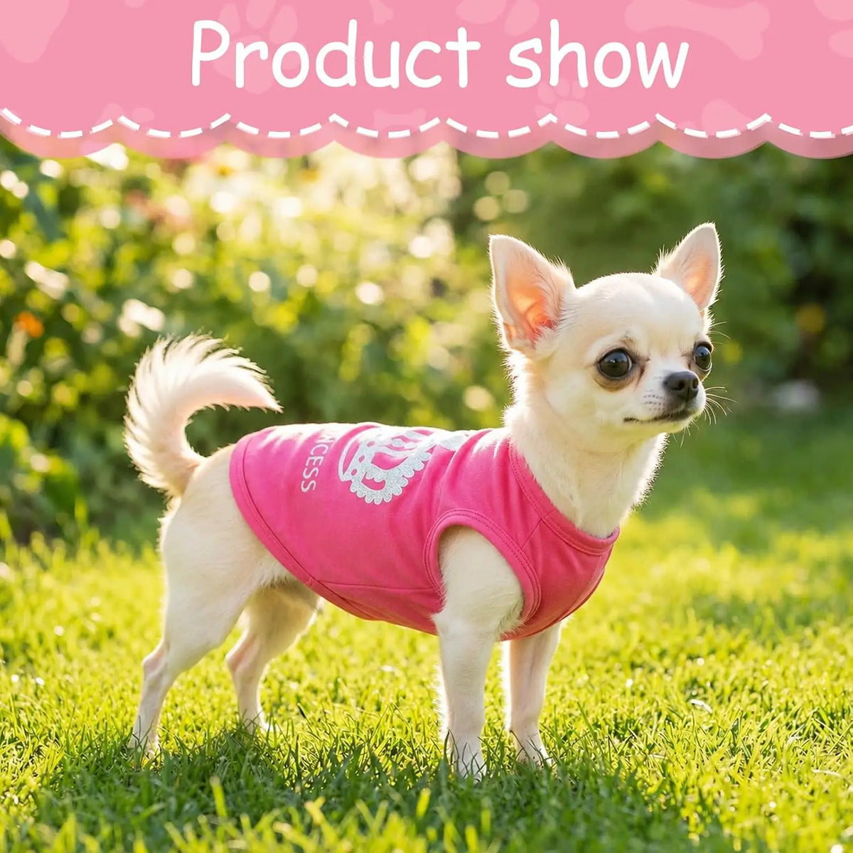 A small white dog wearing a pink Princess Crown Puppy Tee outdoors in a grassy field.