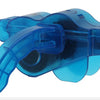A blue bike chain cleaner tool featuring a curved brush and a clamp for cleaning bicycle chains.