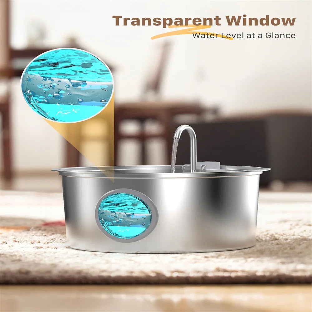 A stainless steel pet water fountain with a transparent window showing the water level.