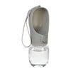 A portable leakproof dog water bottle with a built-in bowl, featuring a gray top and clear body.