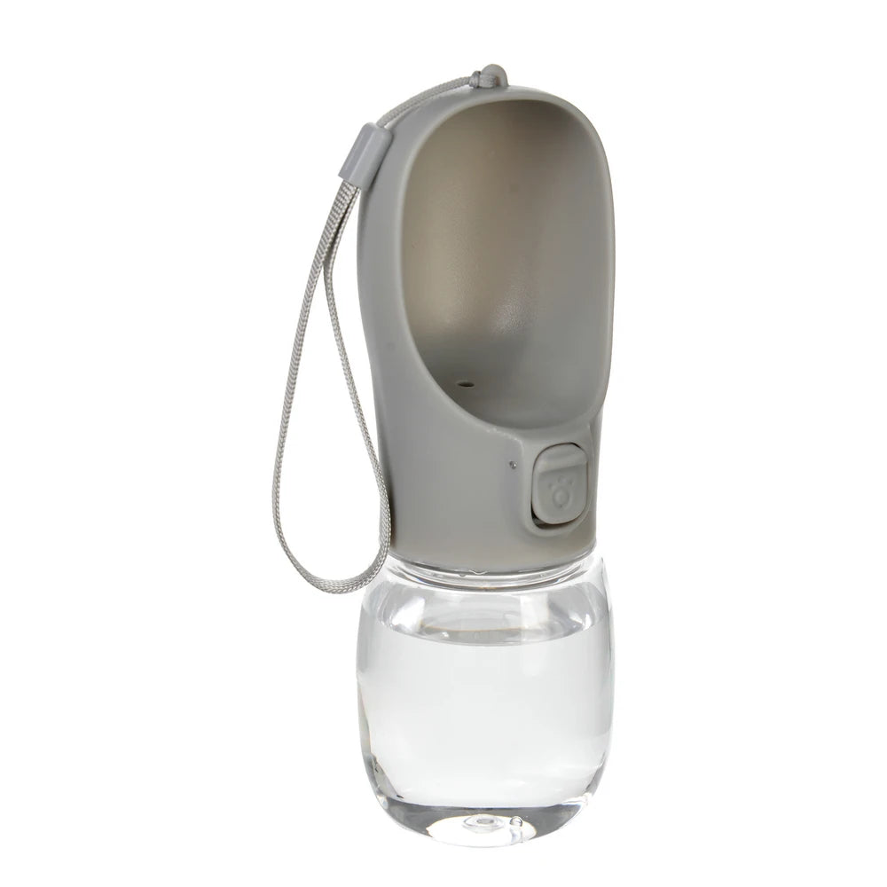 A portable leakproof dog water bottle with a built-in bowl, featuring a gray top and clear body.