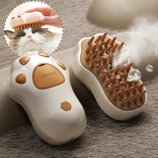 A white electric pet grooming brush with a wooden comb and steam feature is shown next to a cat.