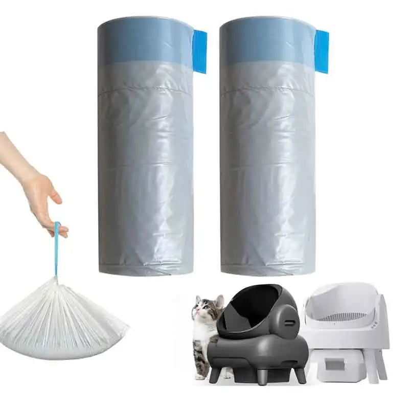Two cylindrical cat litter box liners with blue drawstring closures and a loose white liner shown next to a white electronic 