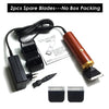 Two spare blades and a corded pet clipper are shown on a white background.