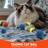 Ein flauschiger grau-weißer Kater spielt mit einem blauen Elektroballspielzeug auf einer Decke.