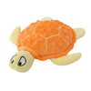 An orange and yellow interactive sea turtle plush dog toy.
