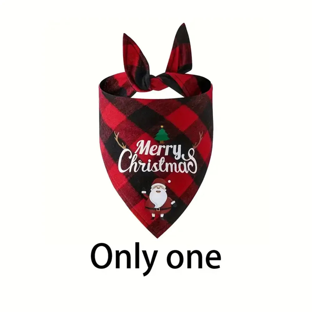 A red and black plaid triangle bandana with a Christmas tree and Santa design for dogs