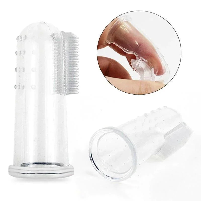 A clear silicone finger toothbrush for dogs shown with a close-up of the bristles and the full product.